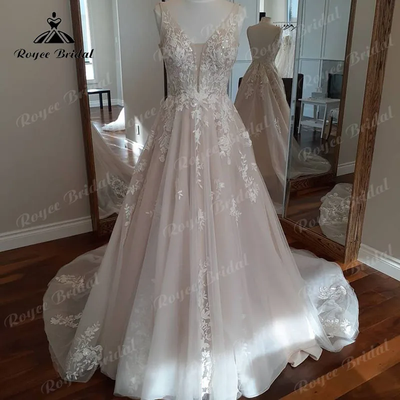 

V Neck Blush Pink Lace A Line Boho Wedding Dress Backless Appliques 2023 Robe Mariage Princess Women Boho Wedding Bridal Gown