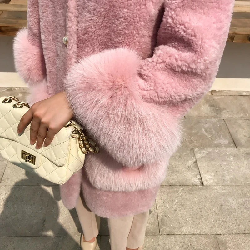Ladies Fashion Temperament Artificial Mink Fur Trench Coat Imitation Fox Fur Coat Cardigan Pocket Single-breasted Wool Furry Top