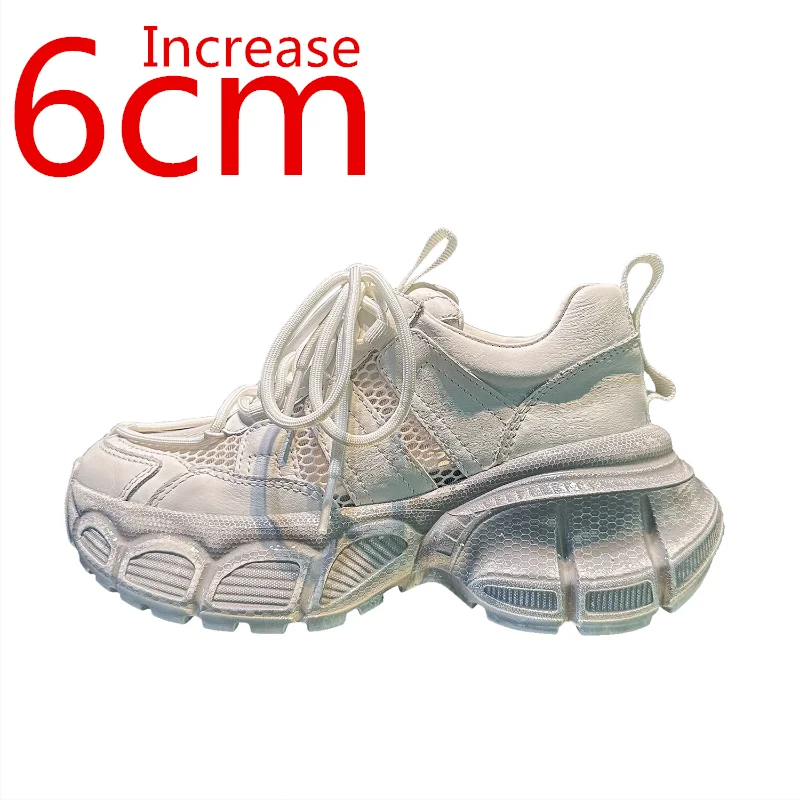 

European Genuine Leather Increase 6cm Dad's Shoes Women Ins Fashion New Thick Sole Cake Shoes Heightened Retro Mesh Sports Shoes