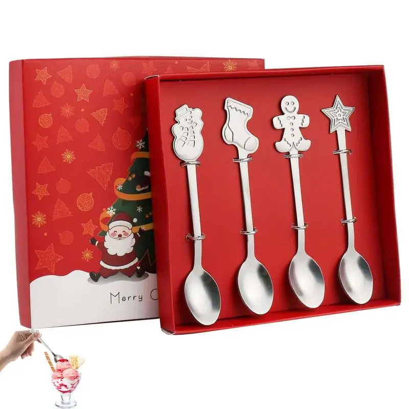 Christmas Spoon Gift Set Stainless Spoons Set 4 Pieces Tea Spoons Soup Spoon Cute Eating Utensils Flatware Sets With Gift Box
