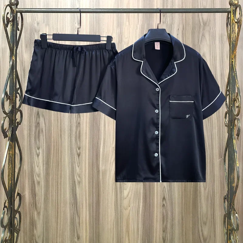 

Новинка весна-лето 2024, черный пижамный комплект из вискозы, женский домашний костюм с коротким рукавом и откидным воротником, комплект из двух предметов, Пижама для женщин