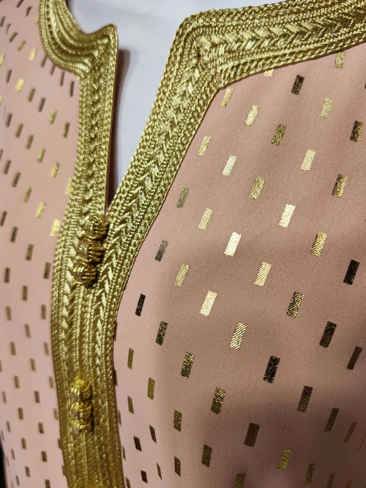 Sunny Kaftan Marocain Dubai Malaysia Abaya Gold Stripe Dress Islamic Clothing Robe Gold Cuff Neckline Muslim Elegant Maxi Dress