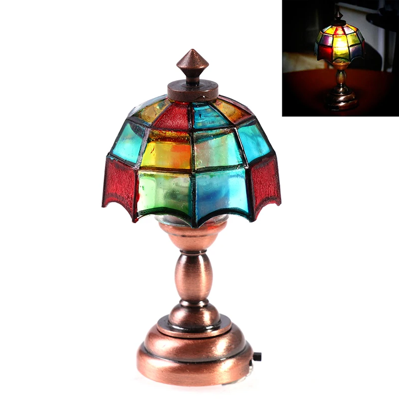 1:12 Dollhouse Mini Gothic Desk Lamp LED Lamp Colored Shade Reading Light Doll house Miniature Vintage Bedroom Furniture Decor
