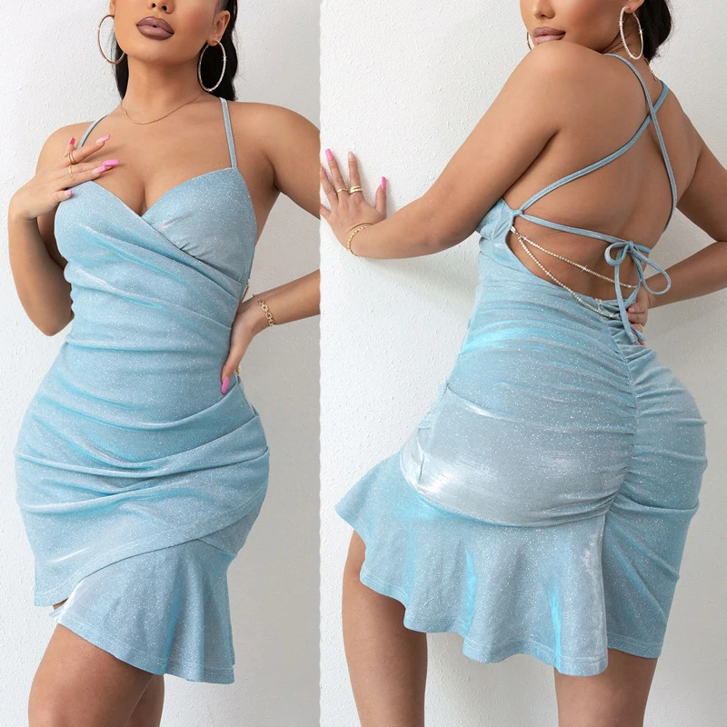 

Criss-cross Tie Backless Rhinestone Ruched Asymmetrical Hem Mesh Cami Dress