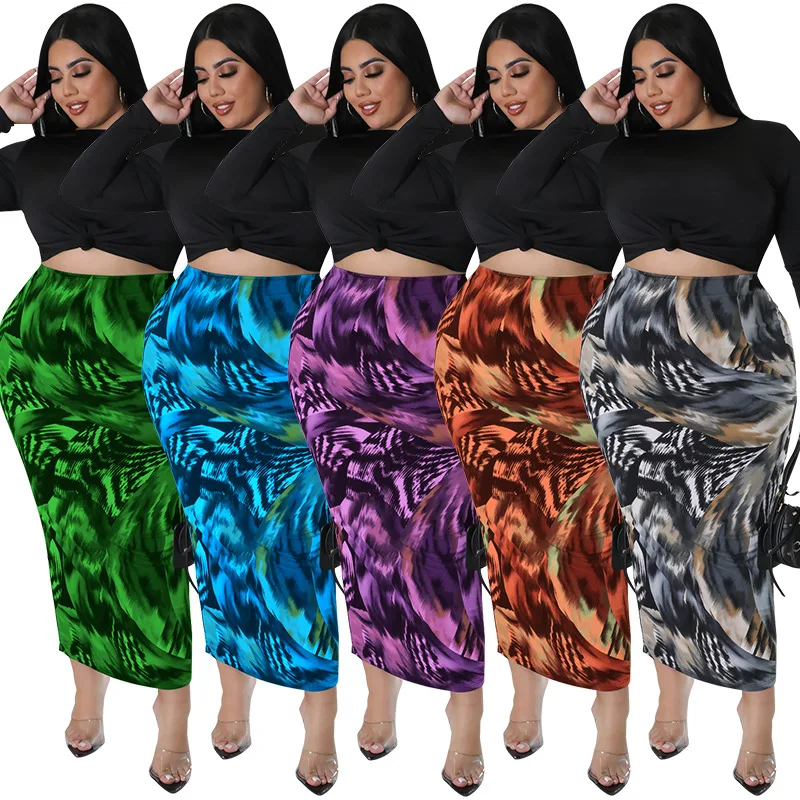 Plus Size Fashion Two Piece Set Dress Long Sleeve Tie Knot Tees Print Skinny Long Skirt Streetwear Outfits Elegant Office Lady