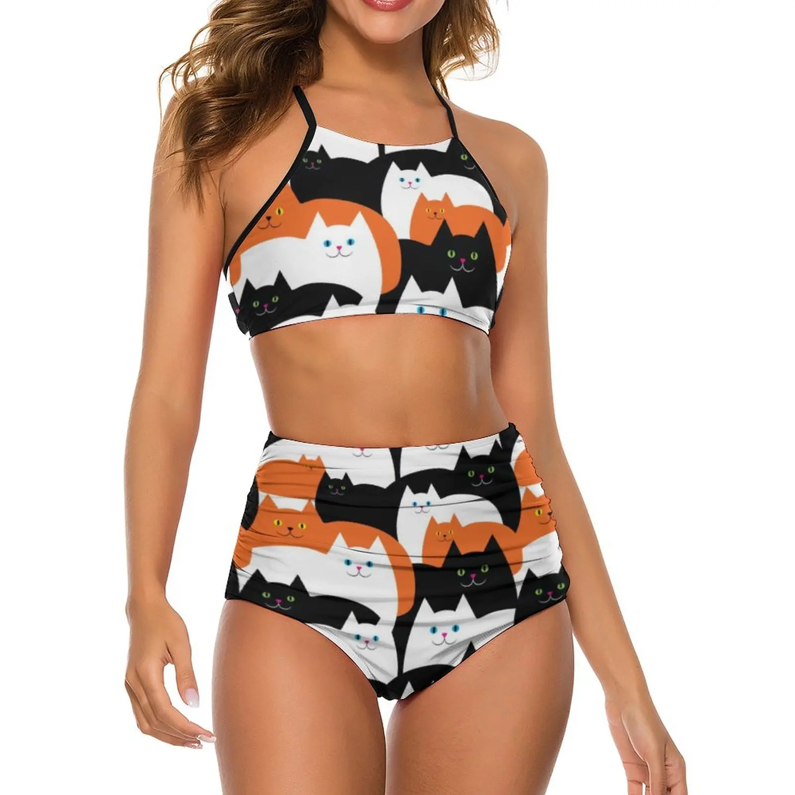 

Купальник-бикини в виде кошки на Хэллоуин, забавные Коты, купальники с высокой талией, сексуальный Модный комплект бикини, купальники, графи...