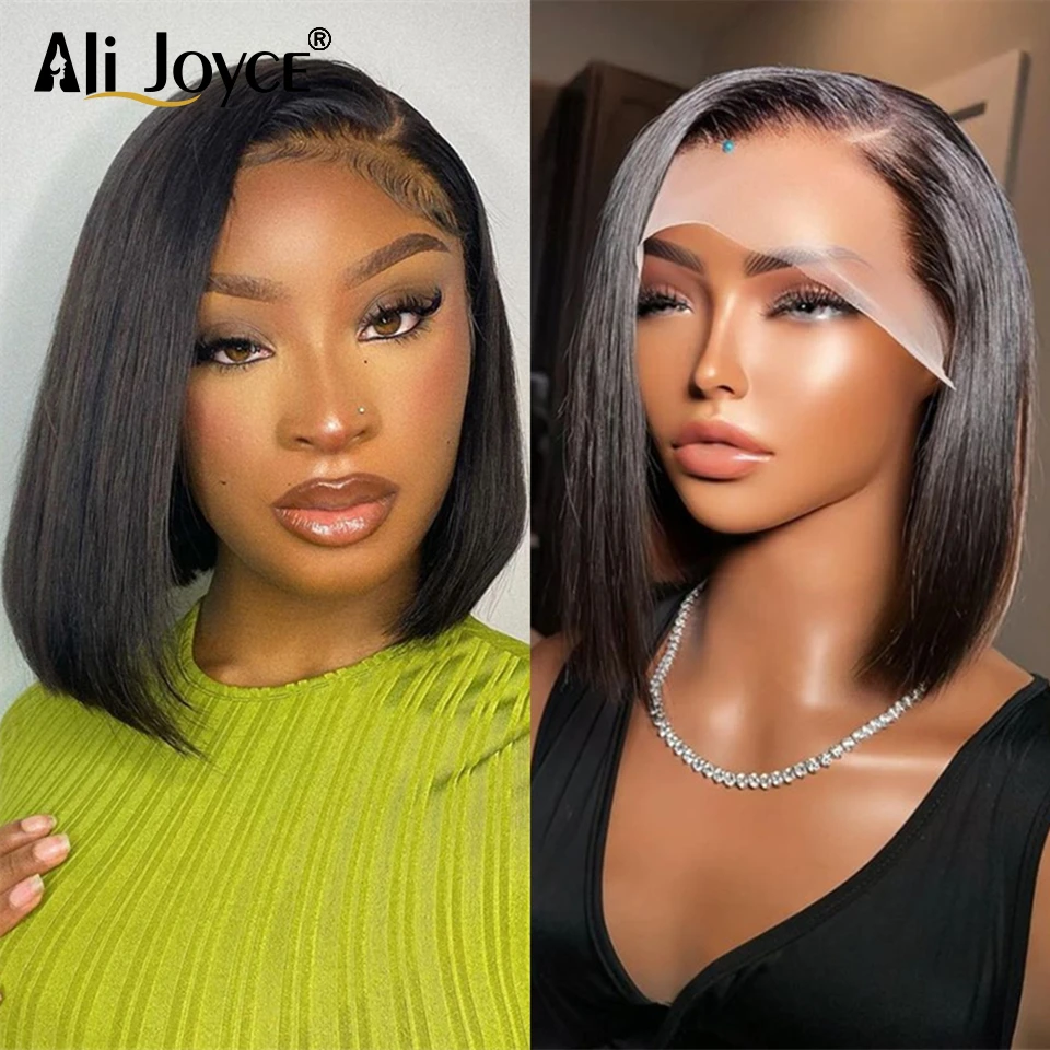 Straight Short Bob Brazilian Hair 13X4 Lace Front Wig Pre Plucked HD Transparent Lace Closure Wigs Natural Black Color Side Part