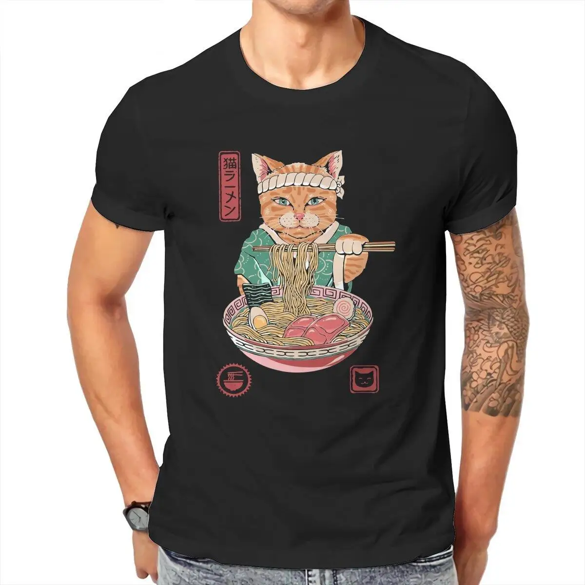 Vintage Neko Ramen Cat  T-Shirt for Men 100% Cotton T Shirts Cute Japanese Genki Short Sleeve Tee Shirt New Arrival Clothes