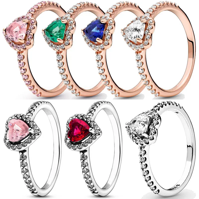 Authentic  925 Sterling Silver Elevated Red Green Blue Pink Heart Ring With Crystal For Women Birthday Gift Fashion Jewelry