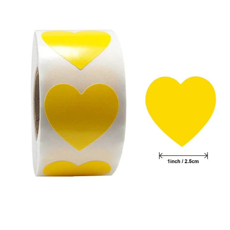 

100/500 шт./рулон, желтые наклейки в виде сердца