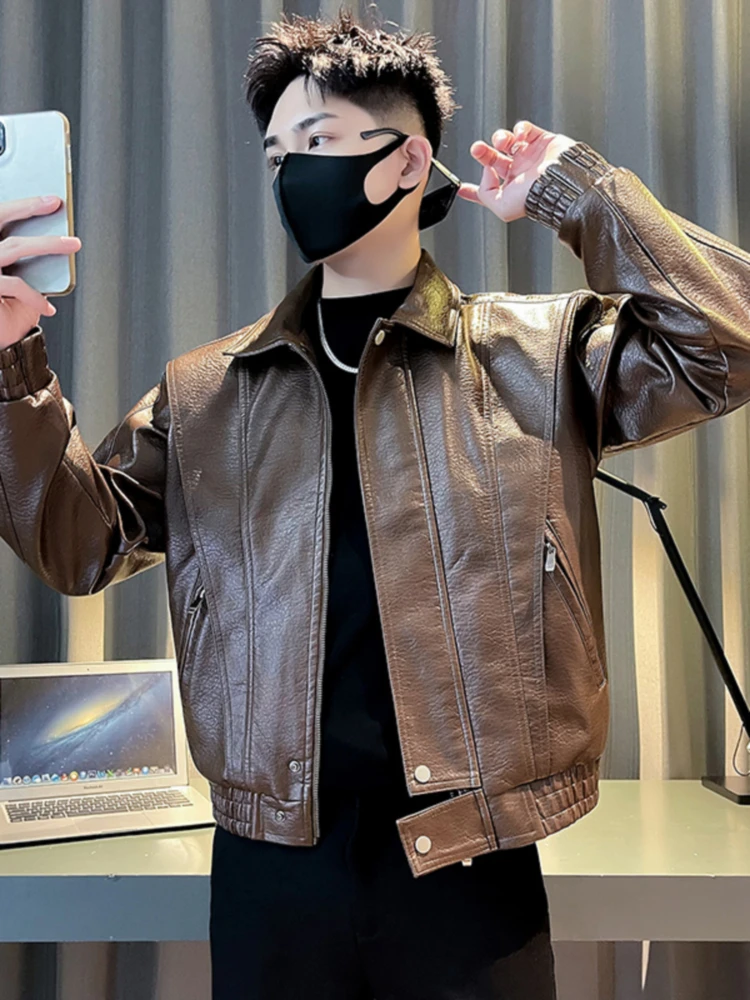 Мотоциклетное кожаное пальто кофейного цвета верхняя одежда мужская