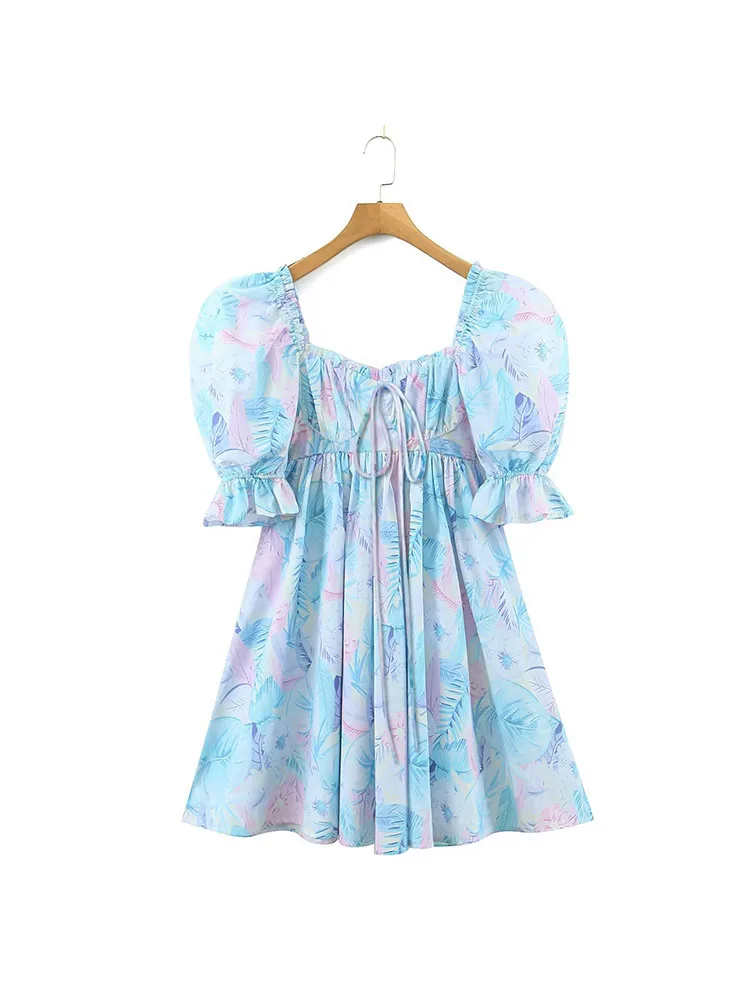 

Женское мини-платье с принтом PB & ZA, винтажное платье с коротким рукавом, молнией сзади, украшенное ремешком, 2022