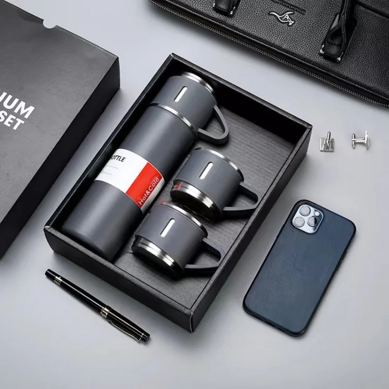 

304 Stainless Steel Thermos Three Lid Portable Tote Bag Gift Box Set Gift Vacuum Glass Garrafa Termica Double Vacuum Glass