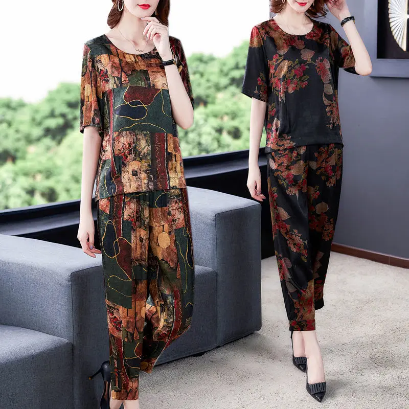 

New 2022 Summer Middle Age Women Ice Silk 2 Piece Sets Casual Printed Short Sleeve Tops+ High Waist Pants Suits C76