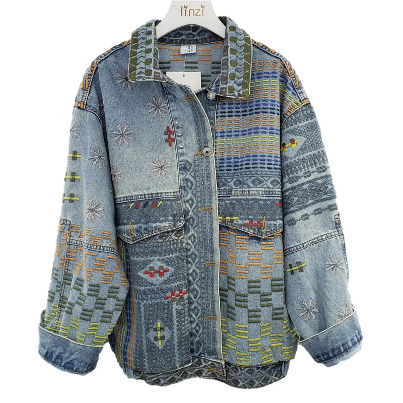 

Streetwear Fashion Embroidery Short Denim Jacket Coat Women Loose Outerwear Spring Big Pocket Long Sleeve Jeans Jackets Female