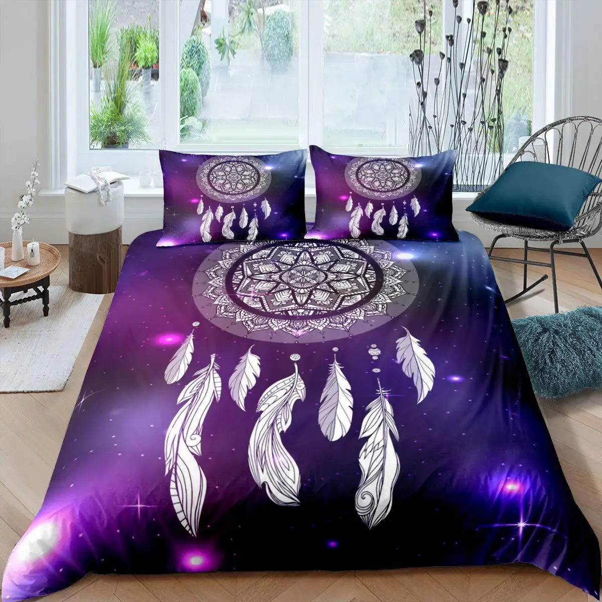 

Purple Dream Catcher Duvet Cover Set Bohemian Feather Dream Catcher Bedding Set Microfiber Exotic Ethnic Style King Quilt