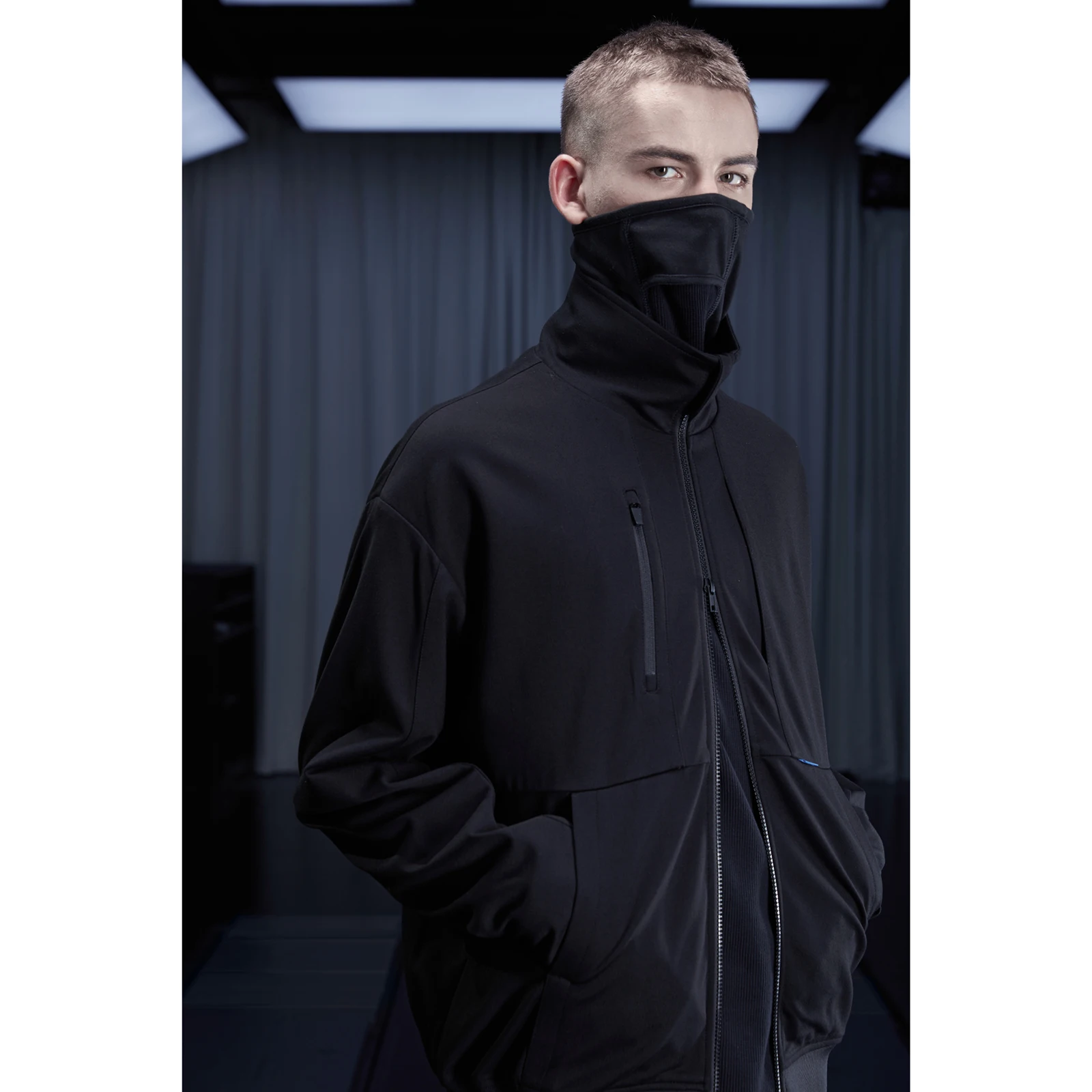 

REINDEE LUSION 19AW high collar jacket splicing fashion black tech coat dark wear techwear 2-way zipper [SALE]