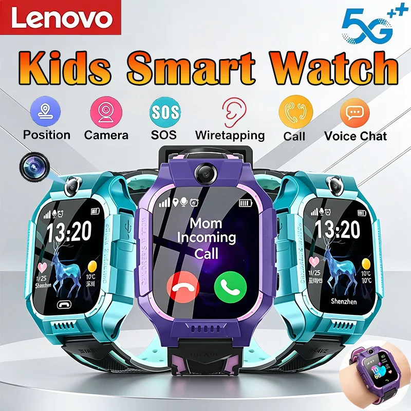 Фото Детские смарт-часы Lenovo 2026 New 5G с GPS-трекером, водонепроницаемые, с функцией SOS, SIM-картой, камерой, для мальчиков и девочек, подарок, совместимость с iOS и Android №1