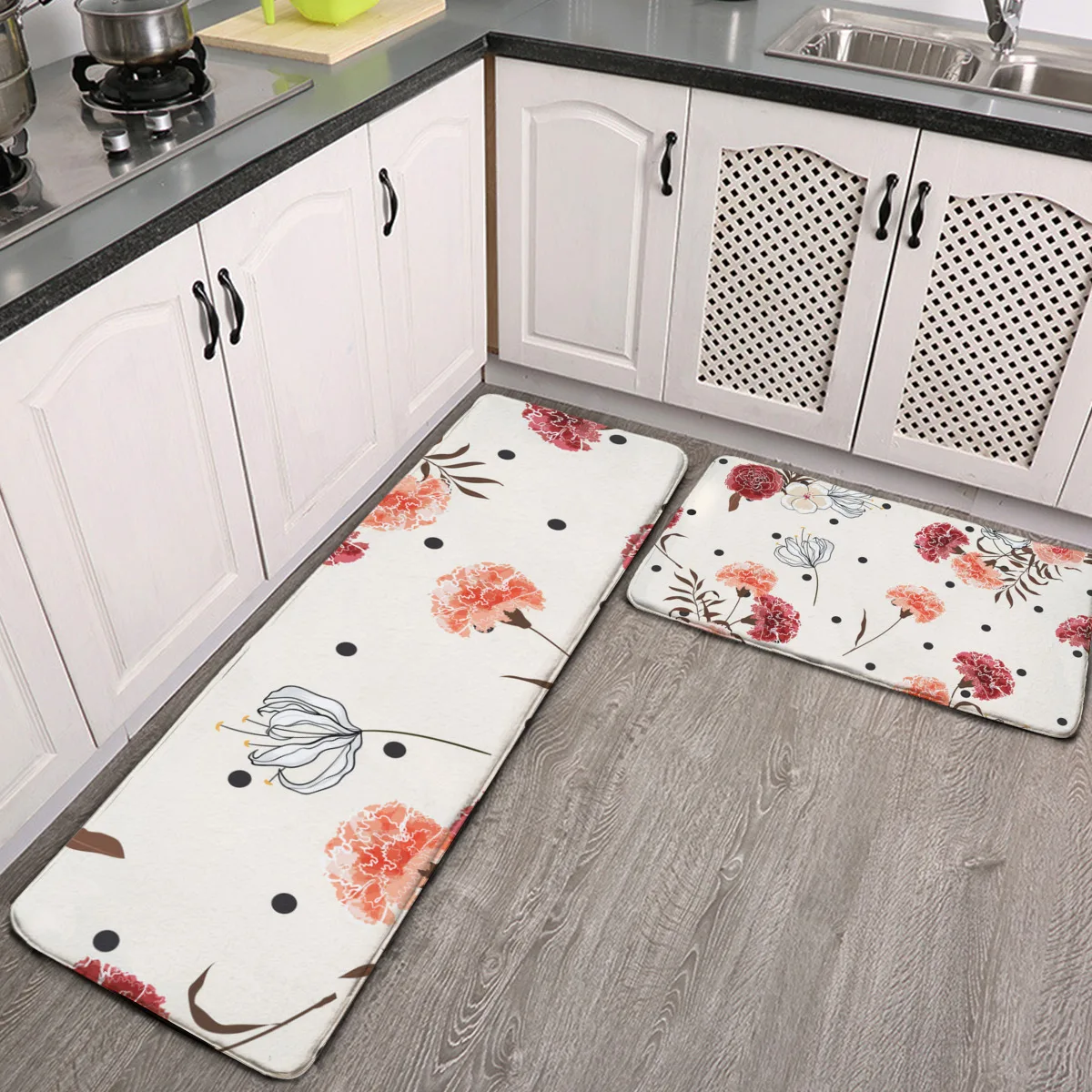 

Kitchen Rugs Set of 2 Beautiful Stylish Blooming Carnation Flower Soft Kitchen Mat Runner Carpet Set Bath Rug Doormat for Kitche
