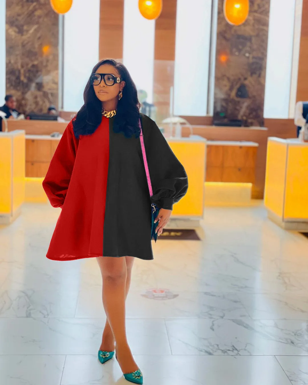 

Chocomist Dresses Casual Color Block Loose Lantern Sleeve Women Mini Dress