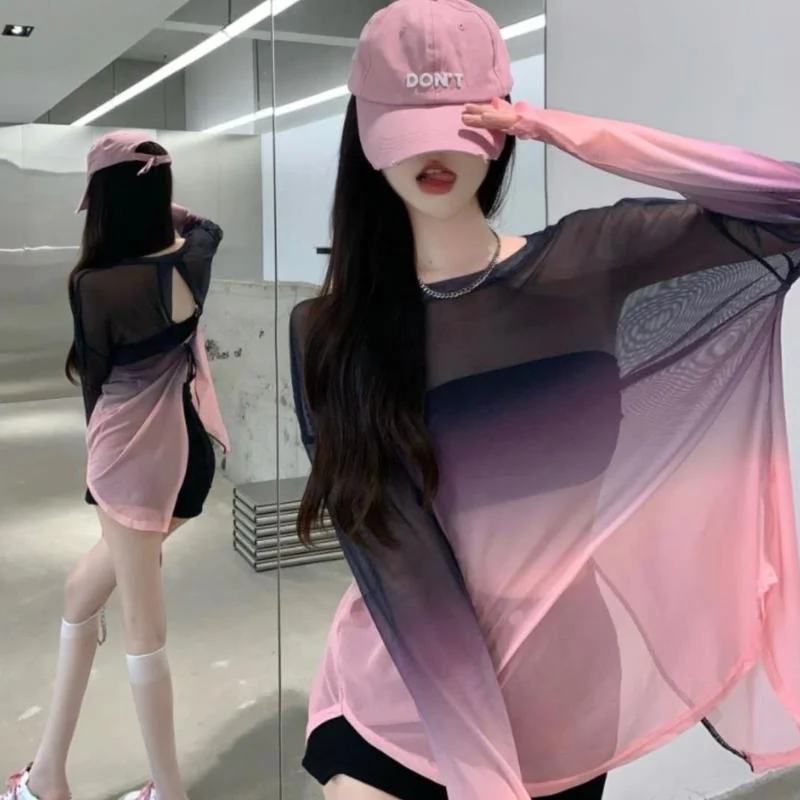 

Sexy Hollow Back Women Tops Korean Fashion Thin Ice Silk Gradient Color Loose Sunscreen Shirts Women Summer Long Sleeve Blouse