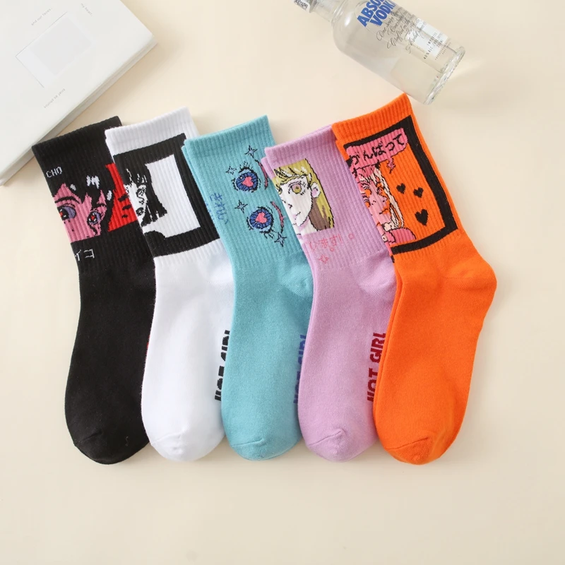 

Забавные модные носки-трубы в стиле хип-хоп с мультипликационным принтом, хлопковые мягкие дышащие универсальные носки для баскетбола, аниме, Корейская версия колледжа