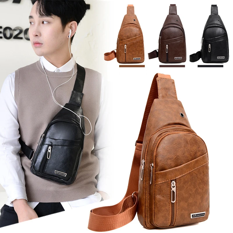 New Arrival Men's USB Chest Single Shoulders Messenger Small Pocket Purse Crossbody Base Classic PU Leather Back Pack Travel Bag