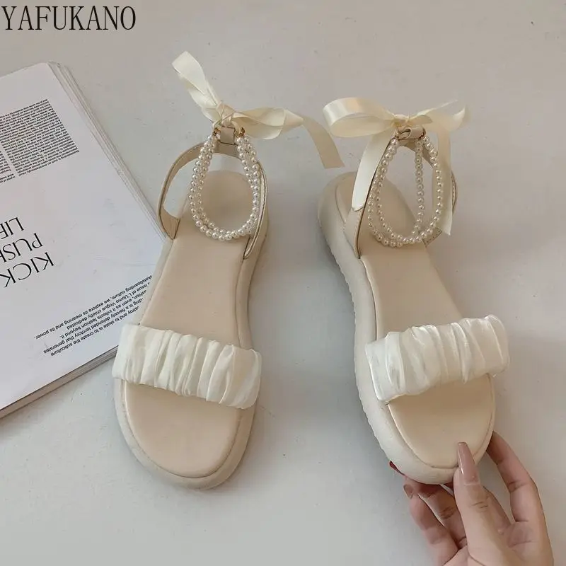 

Lace-up Bow Fresh Mesh Pleated Sandals Flat Heel Niche Design Gentle Style Student Shoes Faux Pearl Decor Casual Rome Shoes