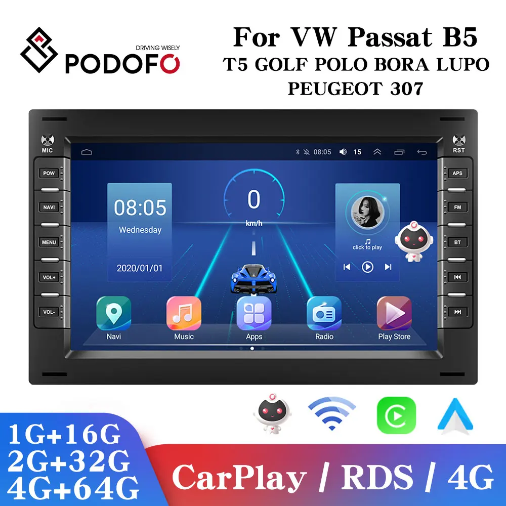 Автомагнитола Podofo CarPlay с экраном Android Авторадио для Passat B5 T5 Polo головное устройство