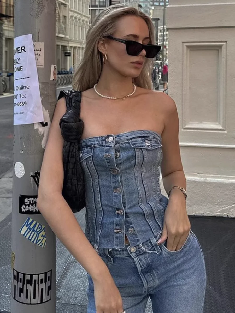 

Elegant Denim Women Camis 2023 Summer Sleeveless Strapless Breasted Elastic Waist Short Tube Top Female Streetwear Chic Camisole