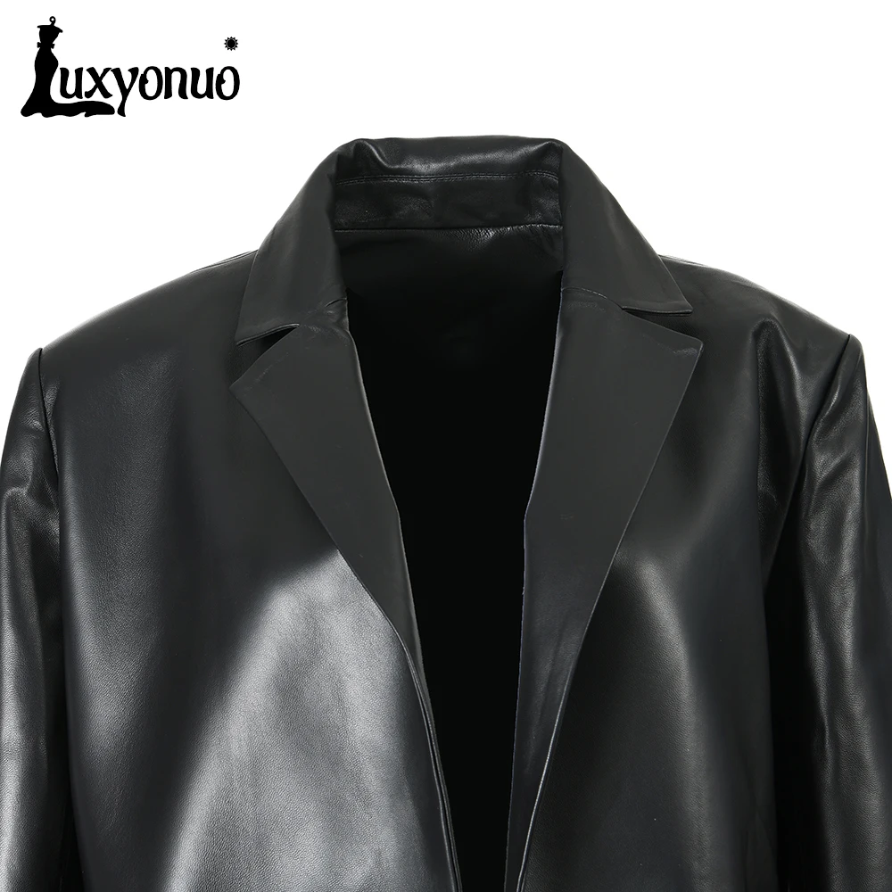 Фото Куртка Luxyonuo женская из натуральной кожи, на весну, Модное демисезонное пальто из натуральной кожи со съемным дизайном для женщин, новинка 2023 №4