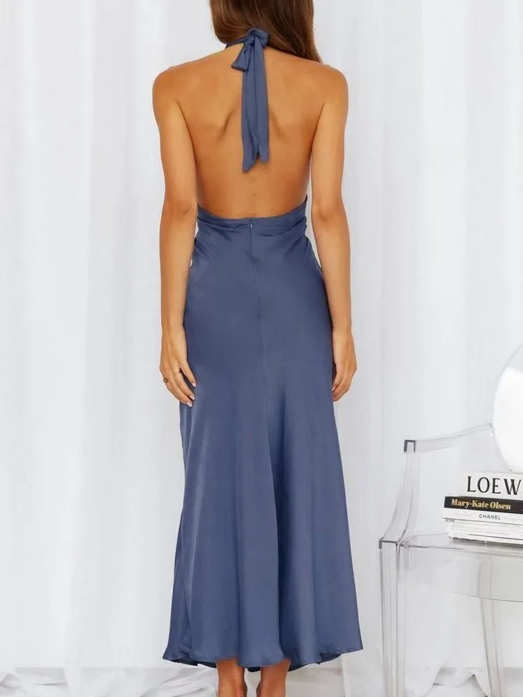 Женское длинное платье на бретельках повседневное однотонное с высокой талией и