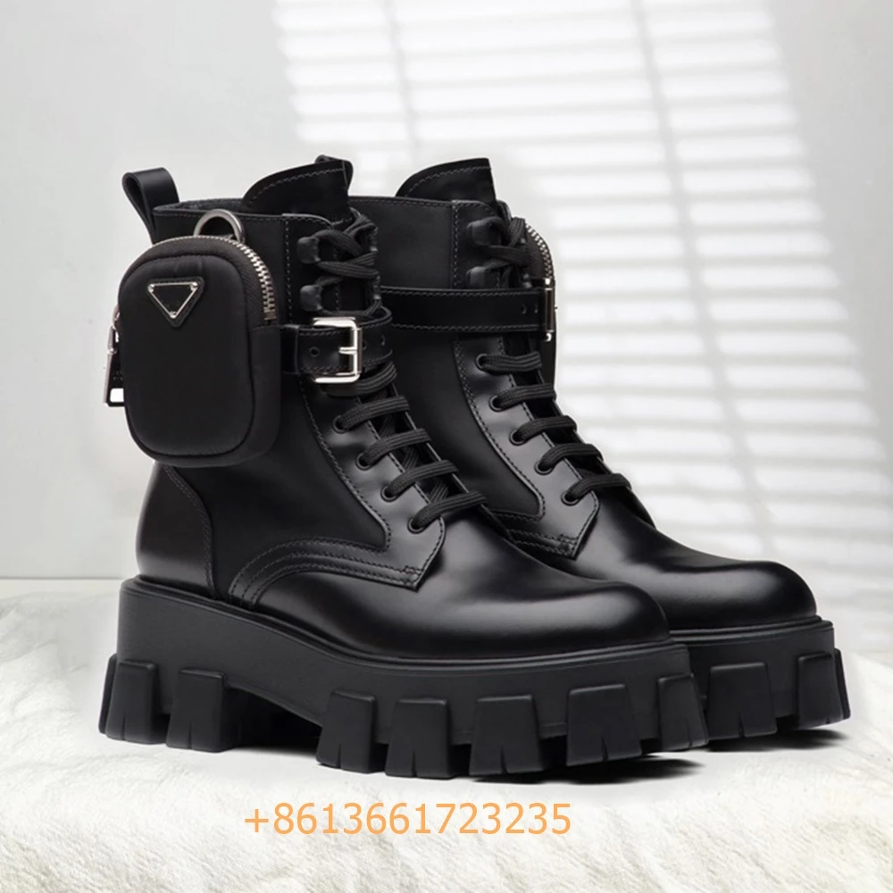 

Женские мотоциклетные ботинки из натуральной кожи, на платформе, с маленькой сумкой, на шнуровке, с круглым носком, Модные ботильоны, Осень-зима, новинка, черные ботинки