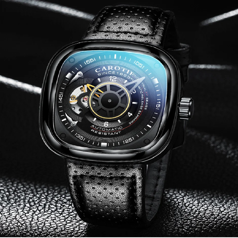 

Модные трендовые полностью автоматические механические мужские часы, полые квадратные водонепроницаемые мужские наручные часы с большим ...