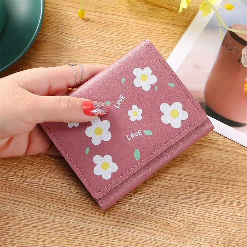 

Short Women Wallet Ladies New Fashion Small Card Holder For Women Printed Cute Flowers Pocket Two Folding Mini Female Coin Bags