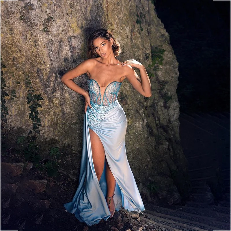 

2021 Prom Dresses Summer New Casual Light Blue Sequins Sexy Tube Top Split Shinning Wedding Ball Gown Long V-Neck Vestidos