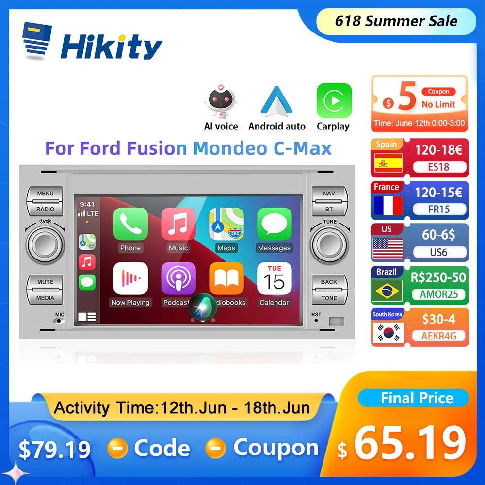 Hikity 2 Din Android Car Radio For Ford Focus 2 Ford Fusion Mondeo C-Max Fiesta Multimedia Player Stereo Carplay GPS Navigation