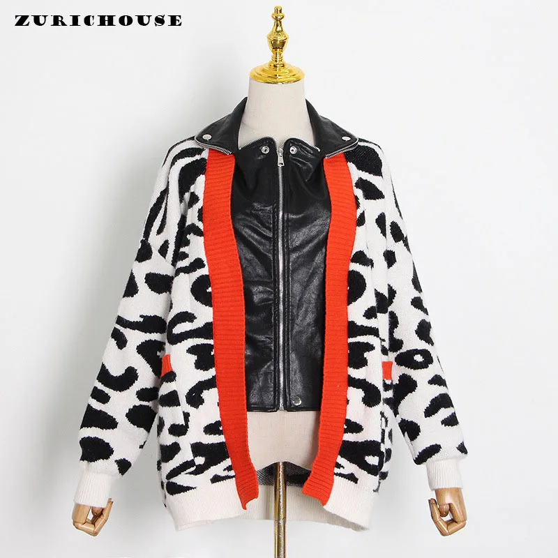 Enlarge ZURICHOUSE Leopard Coat Women Oversized Knit Leather Jacket Spring Autumn 2022 Trend Contrast Color Sweater Zipper Outerwear