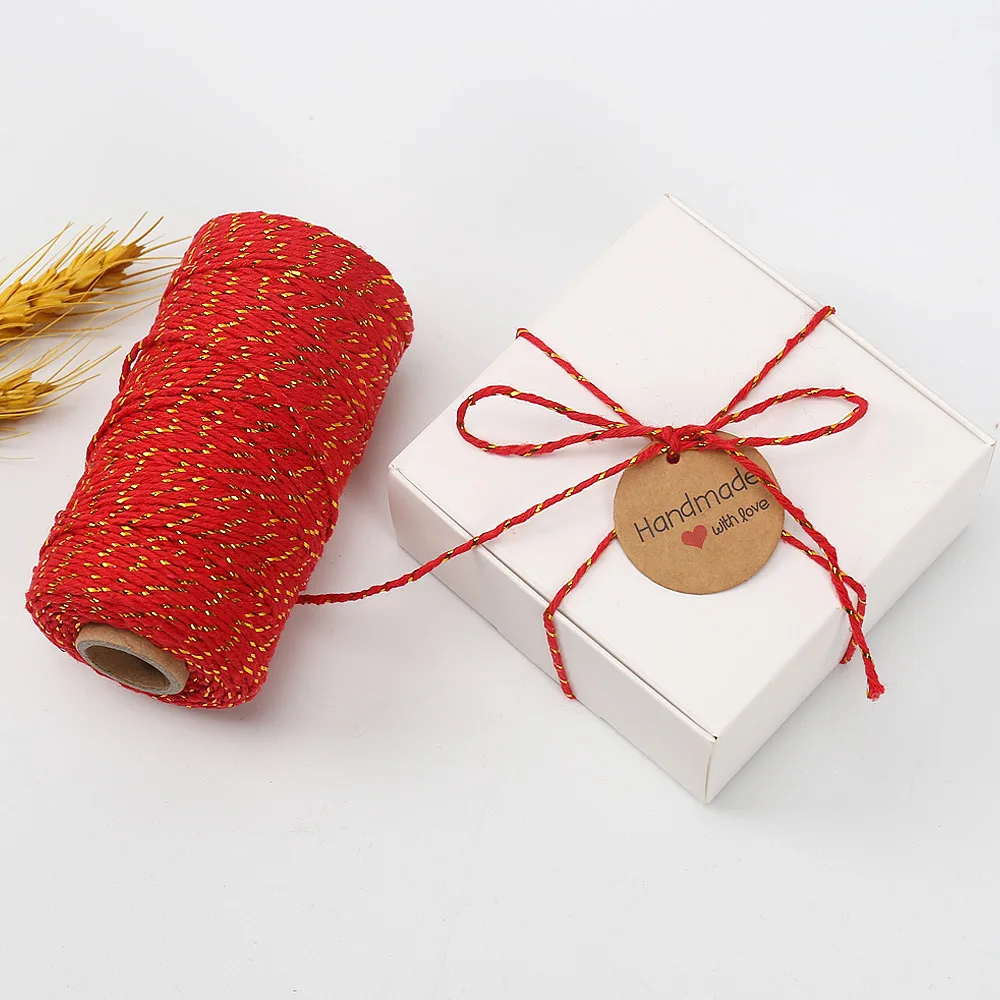 100m x 2mm Twisted Gold Silver Foil Cotton Cords DIY Handmade Gift Wrap Ribbon Twine Rope Christmas Holiday Hang Tag String Cord - купить по