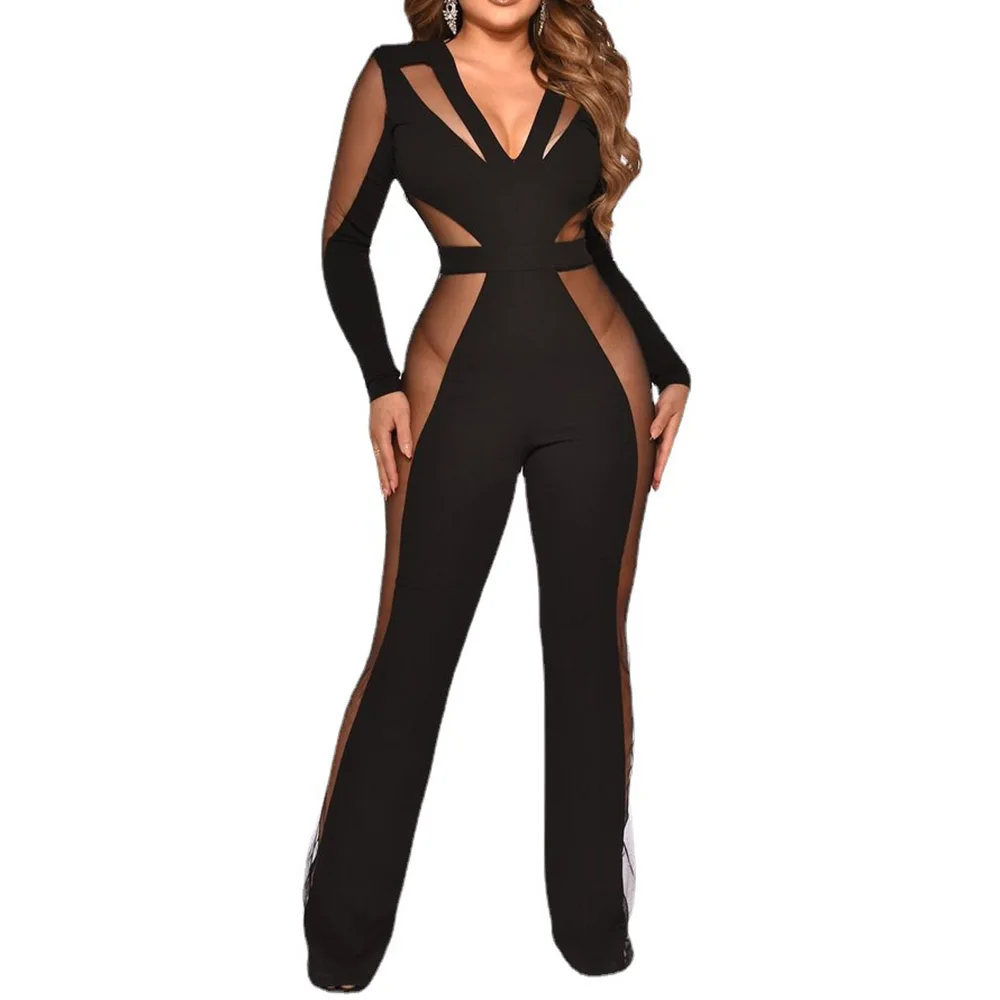 

Комбинезон женский сетчатый с V-образным вырезом и длинным рукавом