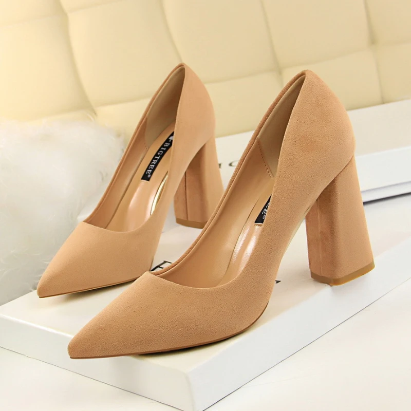

Fashion Pumps For Women Office Shoes Solid Flock 8.5cm Thick High Heels Pointed Toe Womans Party Shoes Female Dress Heeled Shoes