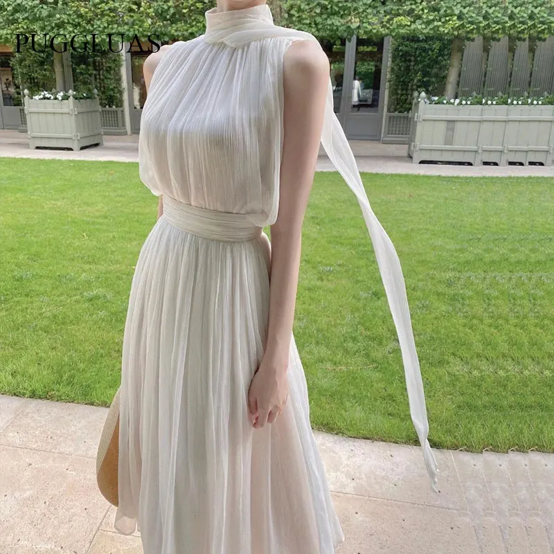 

Summer Elegant Women's Long Dress Gentle High Collar Sleeveless Solid Chiffion Midi Dress Fashion Sexy Korea Sundress Plus Size