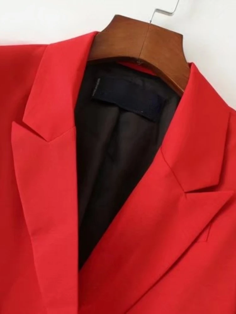 Spring Women Vintage Blazer Soild Double Breasted Red Long Sleeve Office Lady Loose Suit Coat Button Casual Outerwear Chic Tops