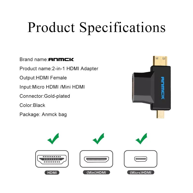 

Anmck Micro & Mini Male HDMI to HDMI Standard Fmale Adapter 2 in 1 HDMI A to C/D for Camera Tablet latop or Computer