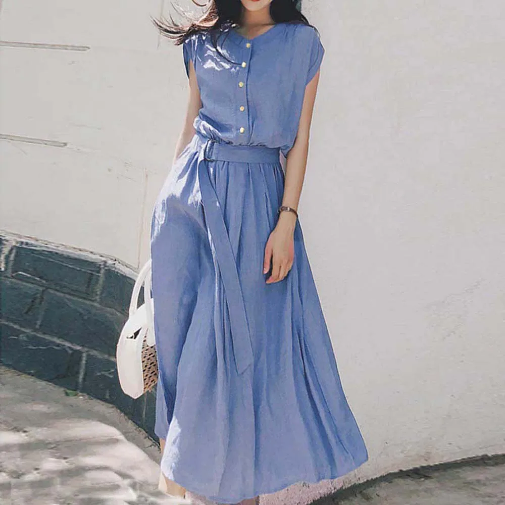 

Maxi Dress Blue French Style Cardigan Lace-Up Short Sleeve Dress Solid Color Korea Japan Style Elegant Chic 2022 Summer New