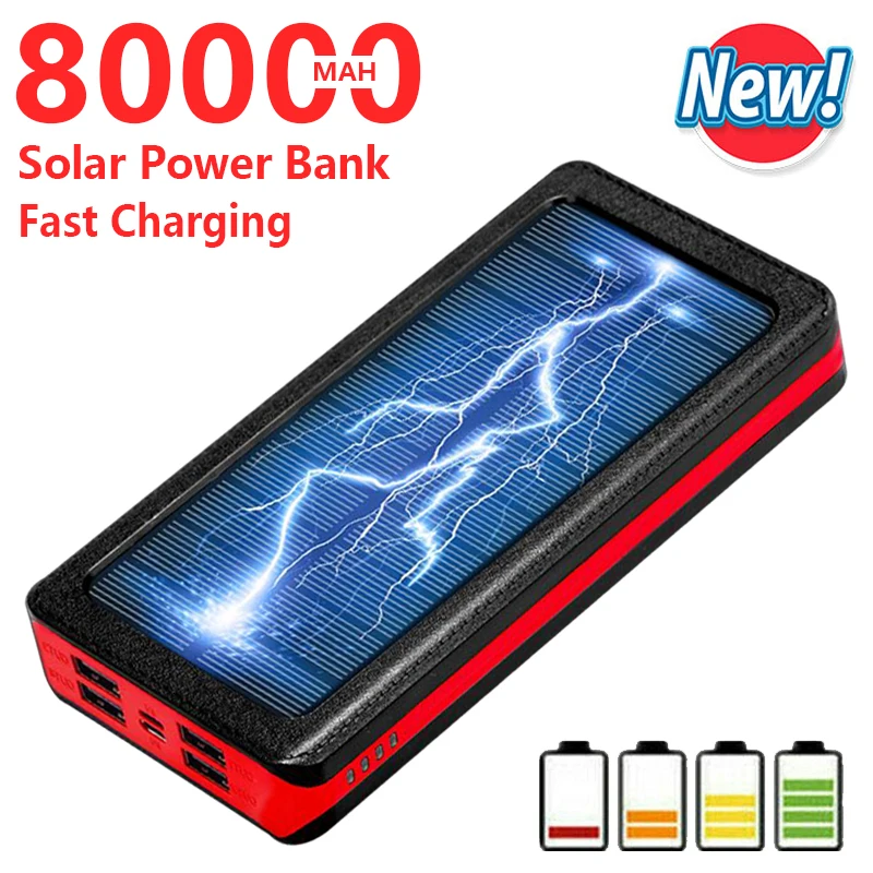 

80000mAh Solar Powerbank Portable Phone Fast Charger with LED Light 4 USB Ports External Battery for Xiaomi Iphone Samsung