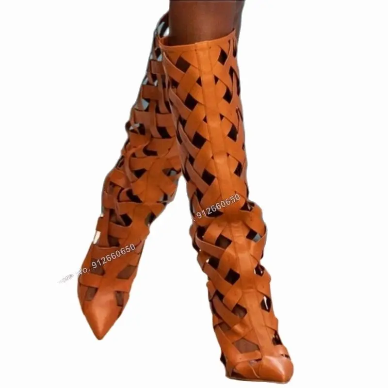 Moraima Snc Orange Hollow Knee High Boots Back Zipper Sandals Shoes for Women Stilettos High Heels Runway Zapatillas Mujer