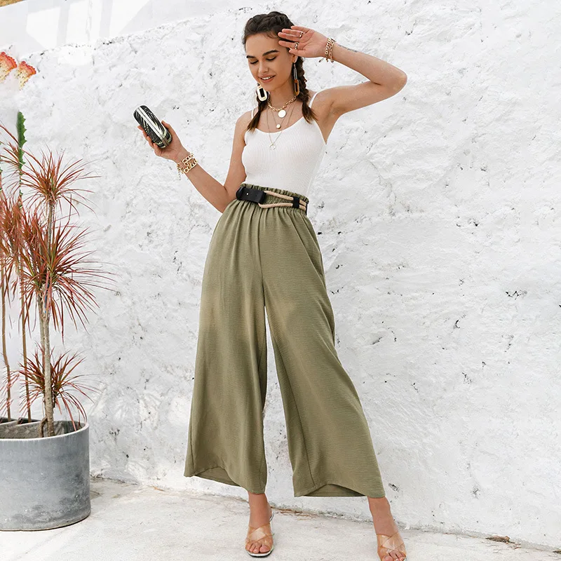 New Women's Spring Summer Solid Color High Waist Loose Casual Wide Leg Trousers Elastic Waist Drooping Feeling Thin Pants Female