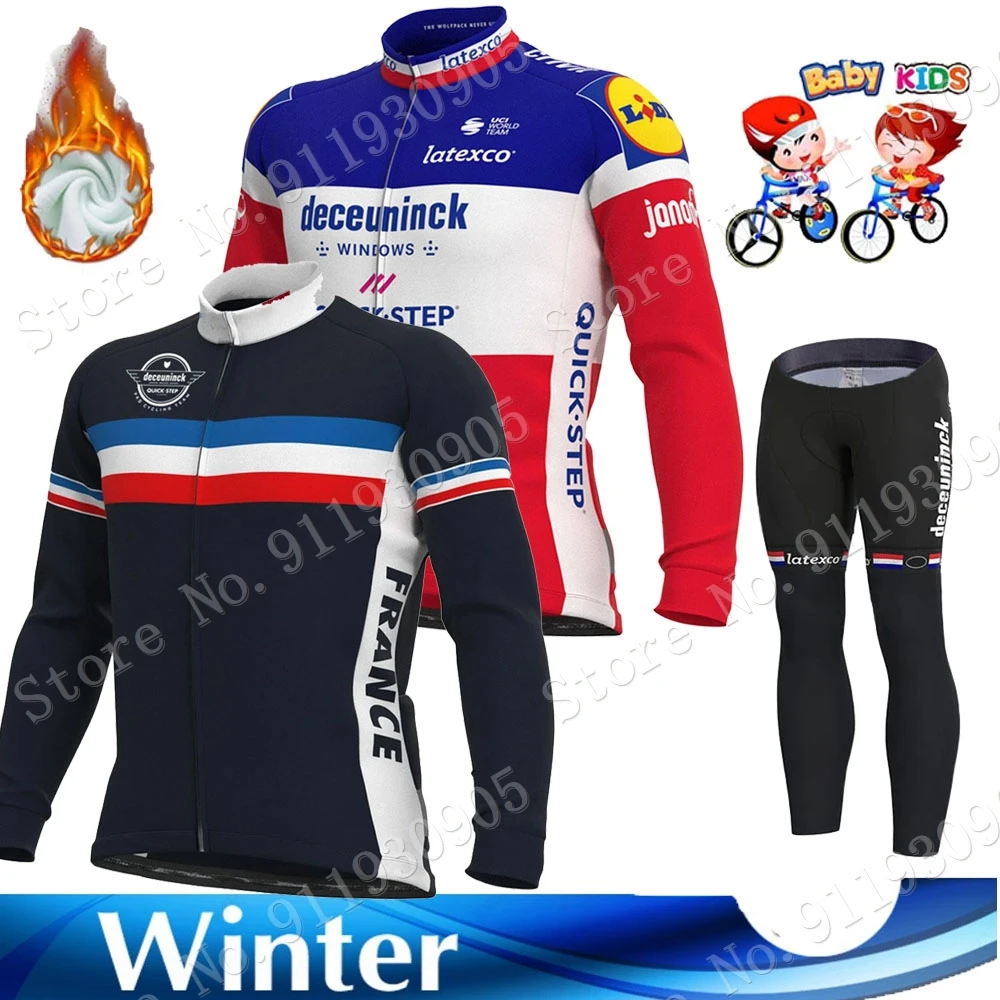 

2021 Kids Quick Step Cycling Jersey Set Winter Boys Girls France Champion Cycling Clothing Long Sleeve Bike Suit MTB Maillot