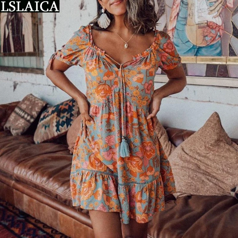 

Dress For Women Wholesale Items For Business Clothing Summer Dress Casual Women's Dresses Vintage Linen Clothes Drawstring Print